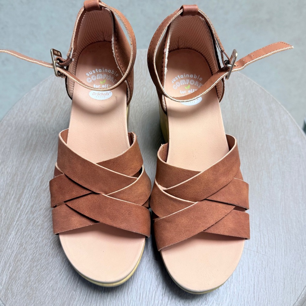 Dr. Scholls 6M Bliss Cognac Brown Retro Boho Platform Wedge Sandals Block Heel
